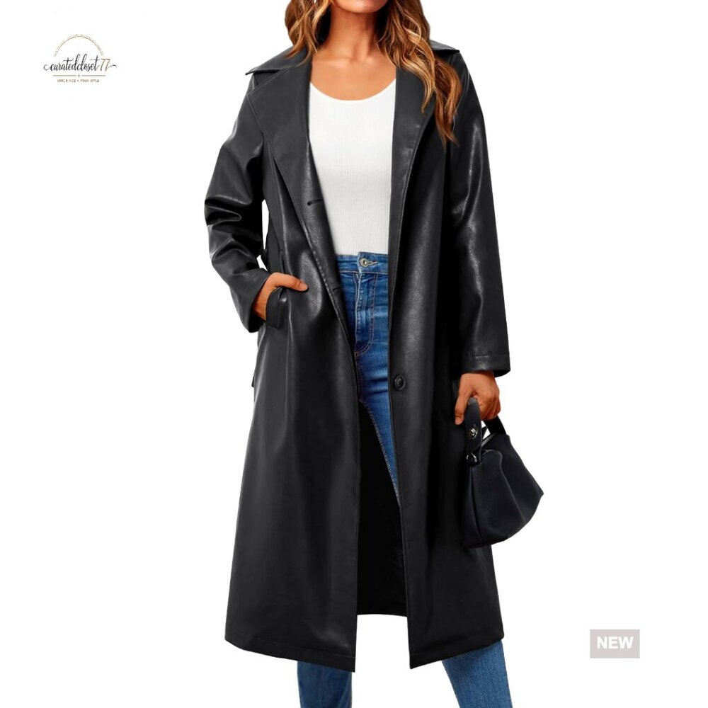 Faux Leather Trench Coat Classic Elegant Open Front Belted Long Coat Blazer